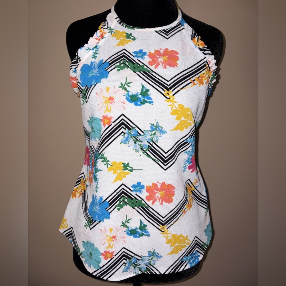 Candie's Floral Chevron Tank Top - White, Blue, Black and Yellow - Picture 3 of 8